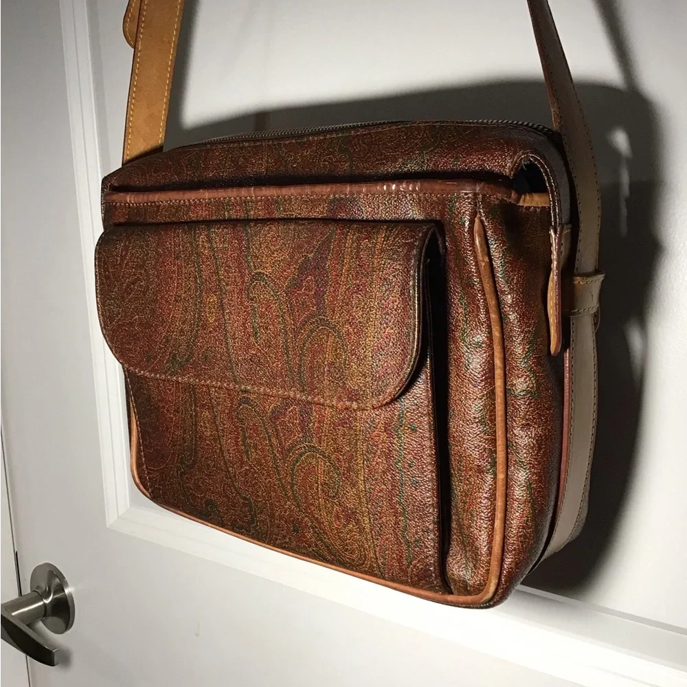 Etro Milano Paisley-Patterned Brown Crossbody Bag with Tan Strap Italian Luxury - Picture 2 of 9